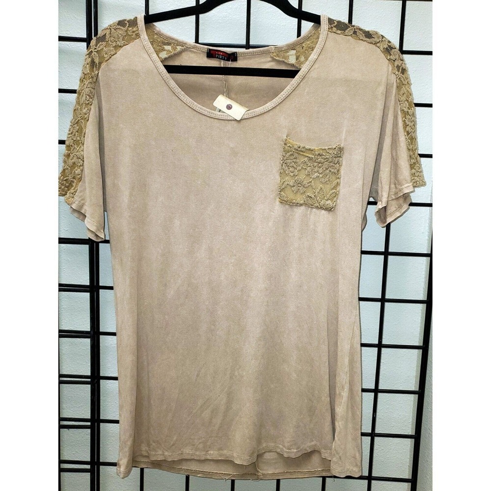 T-Party Short Sleeve Lace Pocket & Shoulder Panel Top Style TVRS4378 - Latte NWT